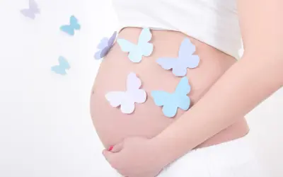 Brzuszek w 6 miesiącu ciąży ozdobiony pastelowymi motylkami.