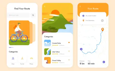 A route-finding app showcasing vibrant, best app color schemes. It features a cyclist illustration, destination categories, and a map with route details.