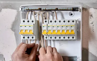 Ręce elektryka podłączają przewody do skrzynki z bezpiecznikami. To właśnie wlz co to za instalacja?