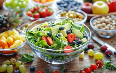 Kolorowa sałatka z awokado, truskawkami i borówkami. Idealna na dietę bezresztkową jadłospis.