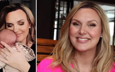 Sanna Nielsen, gravid med andra barnet, håller sitt nyfödda barn. Hon ler lyckligt.