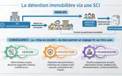 Schéma expliquant la détention immobilière via une SCI, illustrant le principe et les conséquences pour la gestion, la protection et la transmission, idéal pour une sci familiale.
