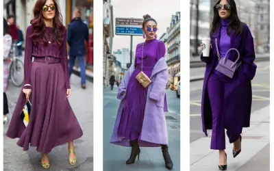 Trzy kobiety w stylizacjach w odcieniach fioletu. Co to jest kolor? To elegancja, styl i pewność siebie.