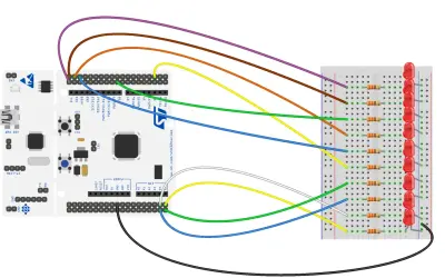 Połączenie mikrokontrolera STM32 z płytką stykową i diodami LED za pomocą przewodów. Widać tu wykorzystanie pinów GPIO do sterowania diodami.