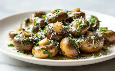 Pyszne pieczarki z airfryera, posypane natką pietruszki i parmezanem, kuszą aromatem i apetycznym wyglądem.