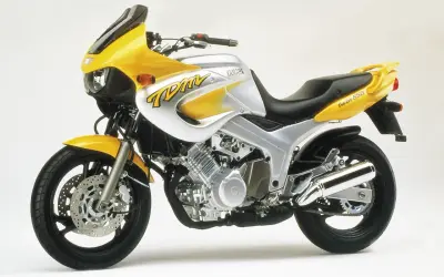 Żółto-srebrny motocykl Yamaha TDM 850 z charakterystycznym malowaniem i owiewką.