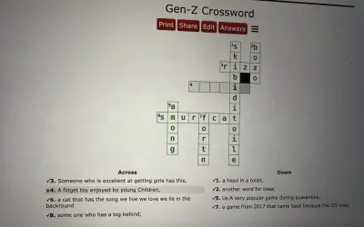 Rozwiązuję krzyżówkę "Gen-Z Crossword", gdzie odpowiedź na jedno z pytań, "zabawka dla dzieci", jest w ręku Fidiasza.