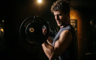 Mann mit lockigem Haar hebt Hantel im Fitnessstudio. Fokus auf Muskelaufbau und **bulking deutsch**.