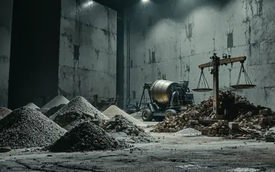 Waga pokazuje, ile kosztuje kubik betonu. W tle betoniarka i sterty materiałów budowlanych.