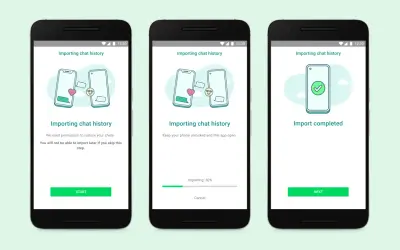 Jak przenieść WhatsApp na nowy telefon? Ekran importu historii czatów, postęp 30%, a na końcu potwierdzenie zakończenia.