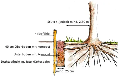 Skizze zeigt den Aufbau einer Wurzelsperre für einen Walnussbaum. Holzpfähle stützen eine Schicht aus Drahtgeflecht mit Jute-/Kokosbahn, gefüllt mit Ober- und Unterboden mit Kompost.