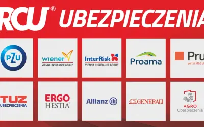 Logotypy firm ubezpieczeniowych: PZU, Wiener, InterRisk, Proama, Pru, TUZ, Ergo Hestia, Allianz, Generali, Agro Ubezpieczenia.