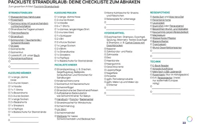 Packliste Strandurlaub: Checkliste für Kleidung, Hygieneartikel, Technik und mehr. Ideal für deine Reiseplanung.