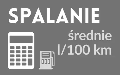 Grafika pokazuje kalkulator i dystrybutor paliwa, symbolizujące jak obliczyć spalanie. Napis "SPALANIE średnie l/100 km" wyjaśnia cel.