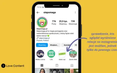 Profil Siepomaga.pl na Instagramie. Sprawdzenie, kto oglądał wyróżnione relacje, jest możliwe, jednak tylko do pewnego czasu.