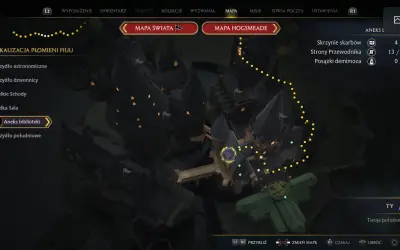 Mapa Hogwartu z zaznaczonymi płomieniami fiuu. Szukasz kluczy Dedala, by odblokować kolejne sekrety zamku.