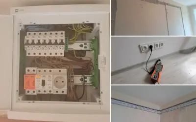 Nowa wymiana instalacji elektrycznej: rozdzielnica z zabezpieczeniami, gniazdka podłączone do pomiaru i kable w ścianach.