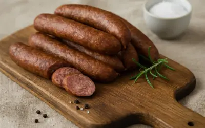 Kiełbasa z dzika na desce, z rozmarynem i pieprzem. Zastanawiasz się, ile czosnku do kiełbasy z dzika?