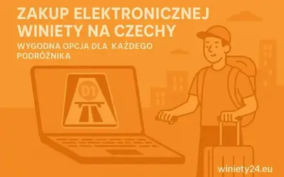 Kupuj wygodnie winiety Czechy i Austria online. Laptop pokazuje autostradę, a podróżnik z walizką i plecakiem jest gotowy do drogi.
