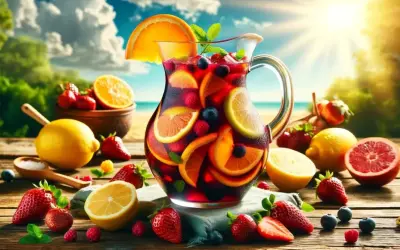 Orzeźwiająca sangria wino w dzbanku, pełna owoców: pomarańczy, cytryn, truskawek i borówek. Idealna na letni dzień.