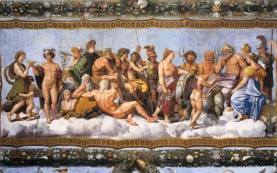 Bogowie Olimpu w chmurach. Wspaniała scena z mitologii greckiej, gdzie Zeus zasiada na tronie, otoczony przez innych bogów i boginie.
