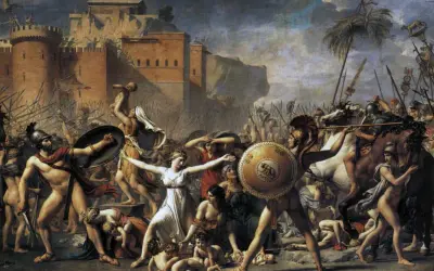 Scena z mitologii rzymskiej: kobiety próbują powstrzymać Rzymian przed porwaniem ich dzieci. Dramatyczna bitwa o przyszłość.