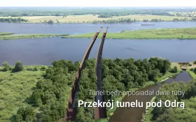 Wizualizacja tunelu pod Odrą, części zachodniej obwodnicy Szczecina. Dwie tuby tunelu przebiegają pod rzeką, otoczone zielenią.