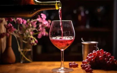 Czerwone, mocne wino z winogron nalewa się do kieliszka. Obok kiść winogron i kwiaty.