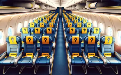 Puste miejsca w samolocie Ryanair, każde z żółtym zagłówkiem i znakiem zapytania. Czekasz na swój losowy wybór miejsca w samolocie?