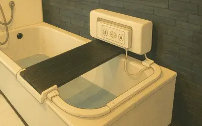 Ein schwenkbarer Badewannenlifter mit Bedienfeld, der die Krankenkasse unterstützt, erleichtert das Baden.