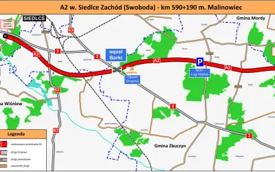 Mapa autostrady A2 w okolicach Siedlec i Białej Podlaskiej, z zaznaczonym węzłem Borki i MOP Ługi Wielkie.