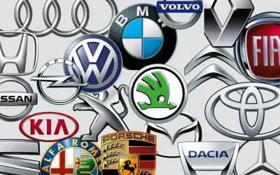 Kolekcja logotypów znanych marek samochodów: Audi, Honda, Nissan, Kia, Alfa Romeo, Peugeot, Opel, Volkswagen, BMW, Volvo, Renault, Fiat, Citroen, Skoda, Toyota, Mazda, Dacia, Mercedes-Benz.