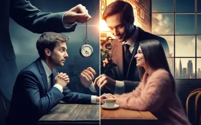 Un uomo ipnotizzato da un orologio, poi un altro uomo offre una rosa a una donna sorridente. Come diventare uno specchio.