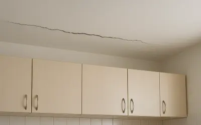 Pęknięcie na suficie nad szafkami kuchennymi.