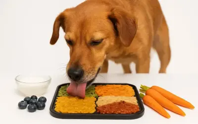 Brauner Hund schleckt von einer Schleckmatte mit verschiedenen Pürees. Daneben Blaubeeren, Joghurt und Karotten. Perfekt zum Einfrieren!