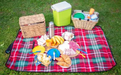 Co zabrać na piknik? Koszyk, termos, jedzenie: kanapki, owoce, wędliny, croissanty, chipsy i napoje.