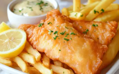 Chrupiąca ryba w cieście z frytkami, cytryną i sosem tatarskim. Idealny posiłek na szybki lunch.