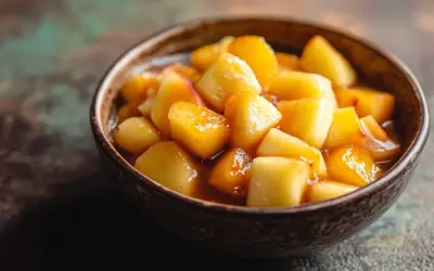 Tazón de macedonia de frutas con trozos de manzana y melocotón glaseados, listos para disfrutar.