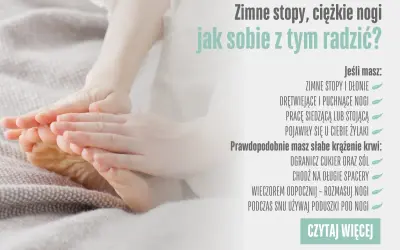Dłonie masujące stopy, wskazujące na objawy złego krążenia w nogach: zimne stopy, drętwienie, puchnięcie. Porady: ogranicz sól, spaceruj, masuj nogi.