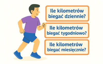 Ilustracja mężczyzny biegającego obok pytań o dystans dzienny, tygodniowy i miesięczny.
