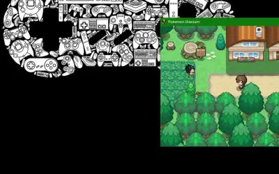 Gry Pokemon na PC: Pokemon Uranium na ekranie, otoczone grafiką z kontrolerami.