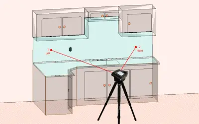 Medición de la altura del salpicadero de la cocina con un escáner 3D. Puntos de referencia "Left" y "Right" marcados.