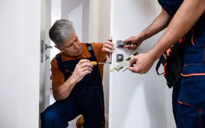 Fachowiec dokonuje regulacji docisku drzwi zewnętrznych, używając śrubokręta do precyzyjnego dopasowania mechanizmu.