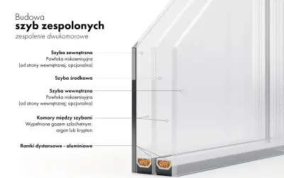 Budowa szyby dwukomorowej: szyby z powłoką niskoemisyjną i komory z gazem szlachetnym. To klucz do tego, jak ocieplić szyby w oknach.