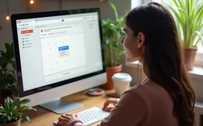 Kobieta pracuje przy komputerze, korzystając z udostępniania kalendarza Google.