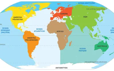 Mapa świata z zaznaczonymi kontynentami: Europa, Azja (największy kontynent), Afryka, Ameryka Północna i Południowa, Australia.