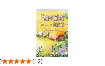 Copertina del libro "Favole per crescere felici" con un'ape sorridente vicino a un alveare. Un dolce buonanotte viola per tutti i bambini.