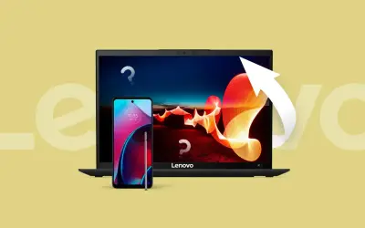 Jak zresetować tablet Lenovo? Laptop i smartfon Lenovo z pytajnikami i strzałką wskazującą na odświeżenie.