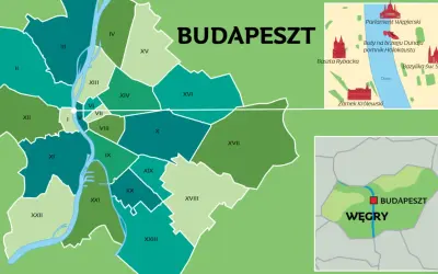 Mapa administracyjna Budapesztu, stolicy Węgier. Widoczne dzielnice, Dunaj i zabytki.