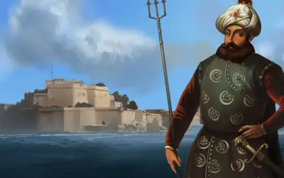 Postać z trójzębem i mieczem na tle twierdzy. Może przydać się do gry Europa Universalis 4 kody.